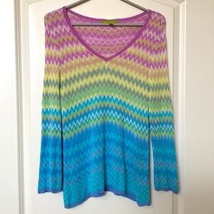 SIGRID OLSEN Silk Blend knit Sweater Womens MP V neck chevron Bohemian Artsy